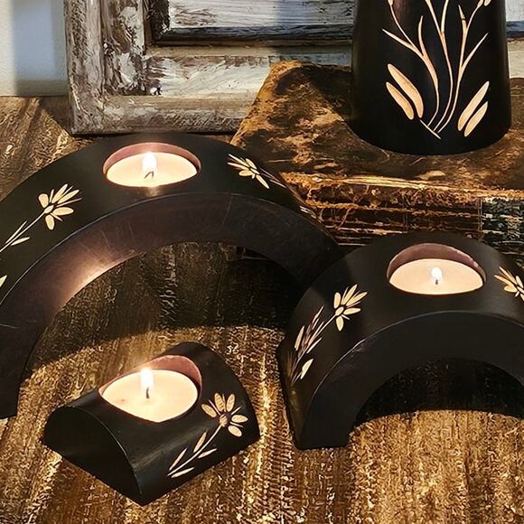 Boho Chic Wooden Floral Candle Holders Set/3 - Hand Carved Arch Tea Light Trio - Picture 10 of 10